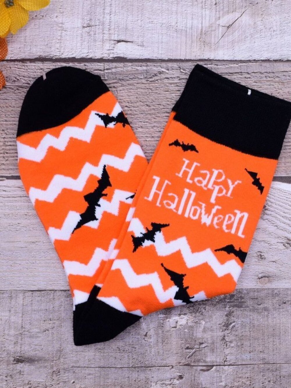 Happy Haunts Halloween Socks White Chevron Black Bats Orange Gift Packaged